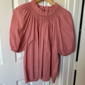 J Crew M Smocked neck puff-sleeve cotton poplin Pink top